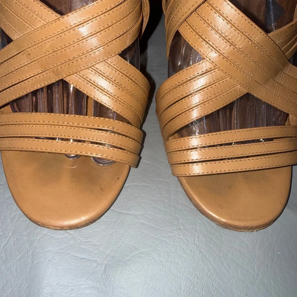 Tory Burch Tan Leather Strappy Caged Stiletto Heels Sandals Gold Logo Zip 8.5M